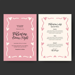 Hand drawn minimalist invitation dinner menu template design for valentine, birthday or wedding