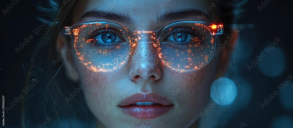 Poster businesswoman wearing smart glasses with digital displays analyzing data and engaging with artificia
