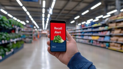 A person holds a smartphone displaying a "Recall Alert" while shopping in a grocery store aisle, emphasizing food safety and consumer awareness.