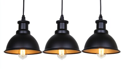 Industrial Style Three Light Cluster Pendant Lamp with Black Shades and Warm Glow Bulbs Hanging from Ceiling