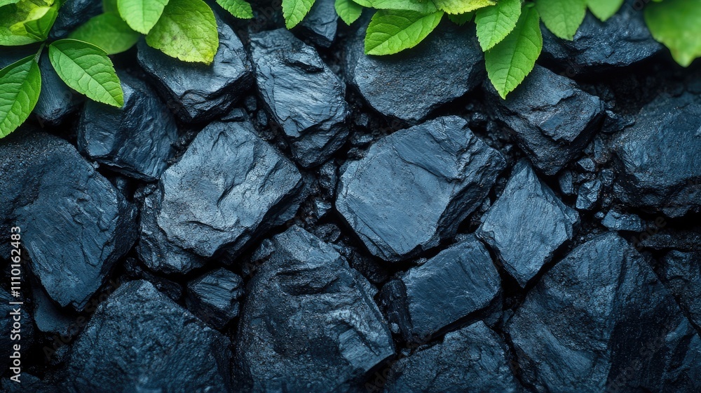 Poster coal texture background with green leaves creating a contrast of natural elements and industrial mat