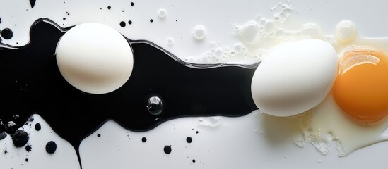 Contrasting culinary art with black and white egg mixtures and vibrant yolks showcasing creative food presentation concepts