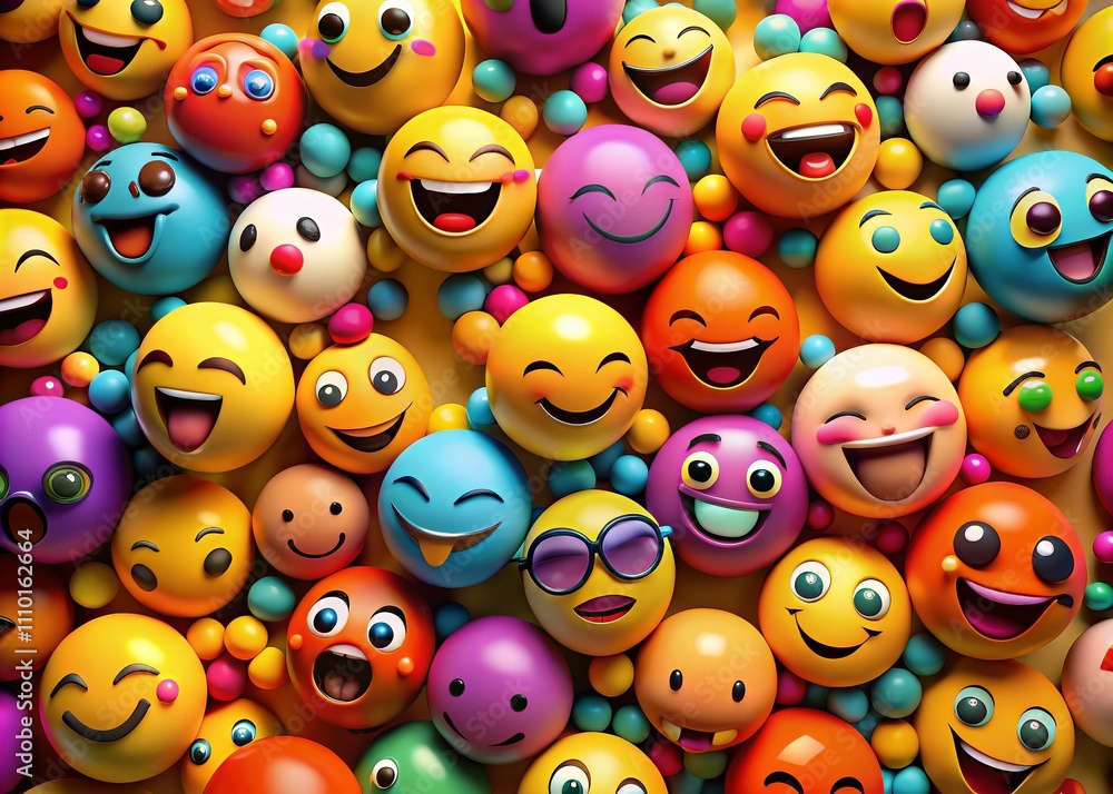 Poster aerial view of 3d emoticons graphic set with various expressions on colorful background for digital 