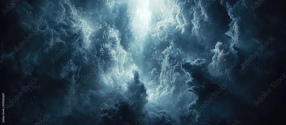 Poster dramatic aerial view of stormy cloudscape with rays of light breaking through creating a serene and 