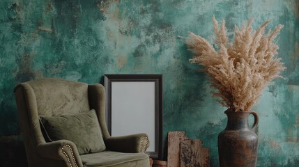 Elegant interior still life featuring an armchair, empty frame, and a vase with dried spikelets against a textured green wall backdrop.