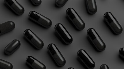 Seamless pattern of black capsules on dark background: modern minimalist design