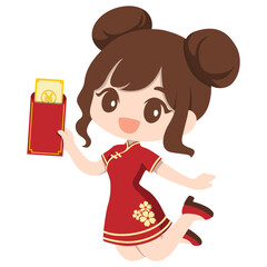 Woman in Cheongsam Holding Red Envelope for Lunar New Year.