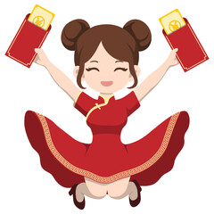 Woman in Cheongsam Holding Red Envelope for Lunar New Year.