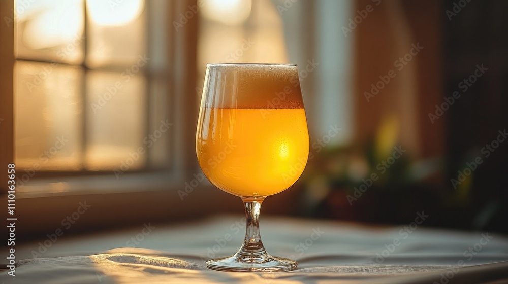 Poster craft beer in a decorative glass illuminated by warm sunlight on a soft surface with a white backdro
