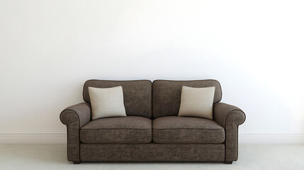 Stylish brown sofa featuring accent pillows on a clean white background.
