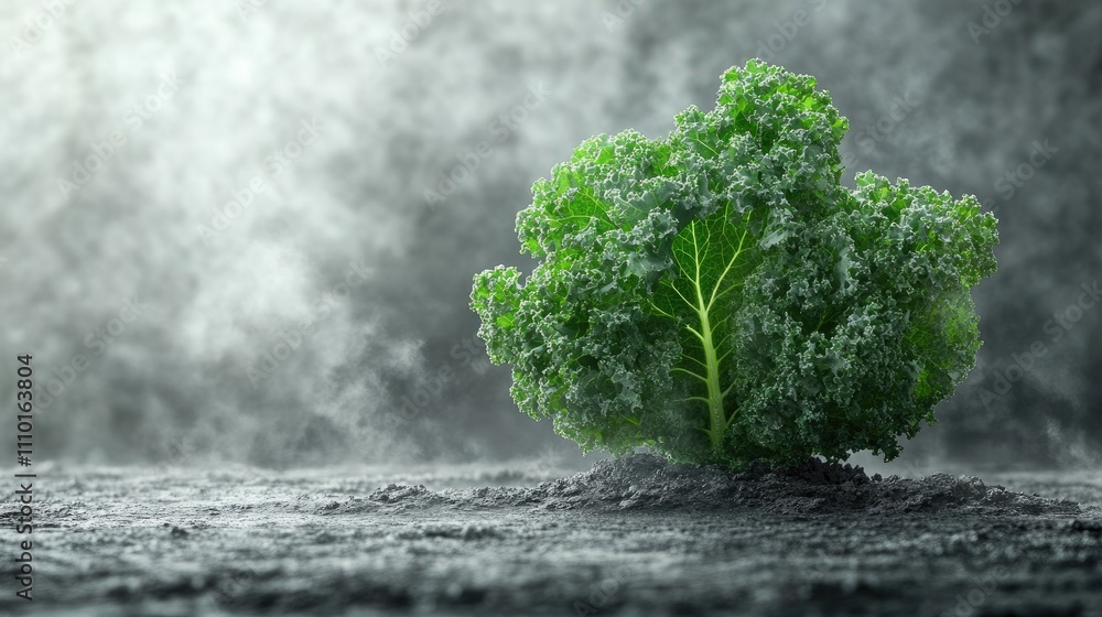 Poster kale leaf with intricate texture illuminated against a misty gray background creating a serene and n
