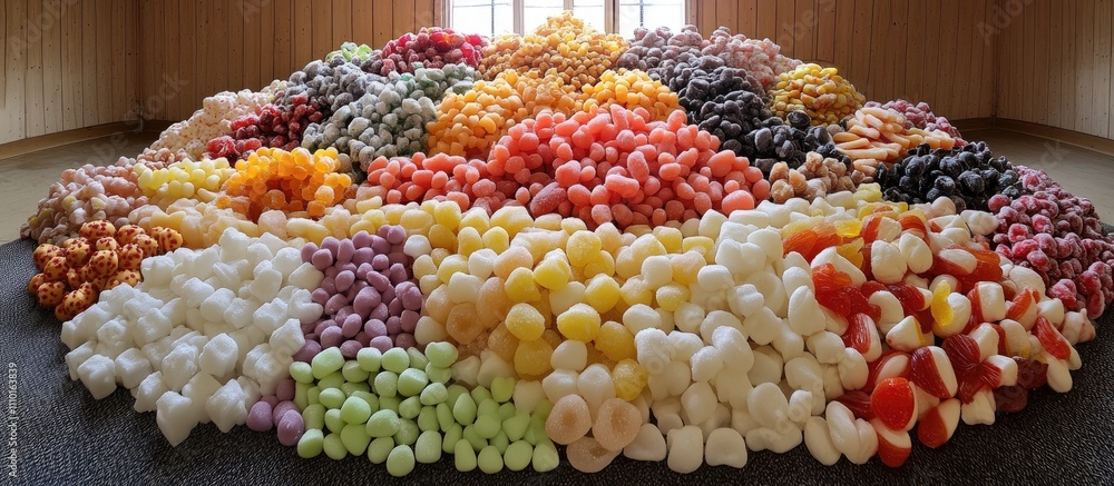 Poster colorful assortment of candies arranged in a large circular display showcasing various shapes and si