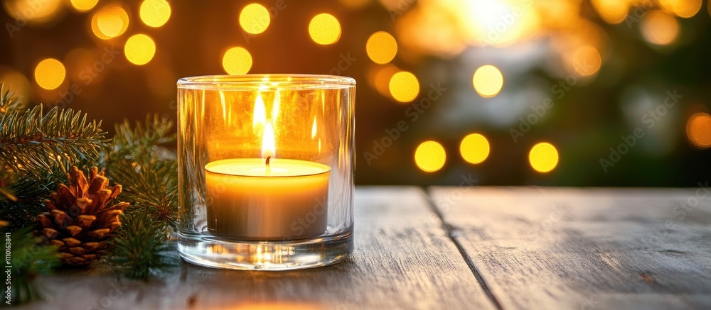 Poster lit candle in a glass container surrounded by pine needles with a warm glowing background creating a