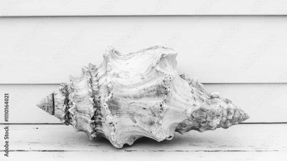 Poster large conch shell displayed on a wooden surface emphasizing texture and contrast in a monochrome set