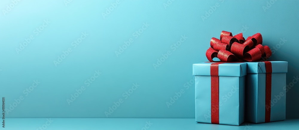 Poster blue gift boxes with festive decorations on a serene blue backdrop creating empty space for text in 