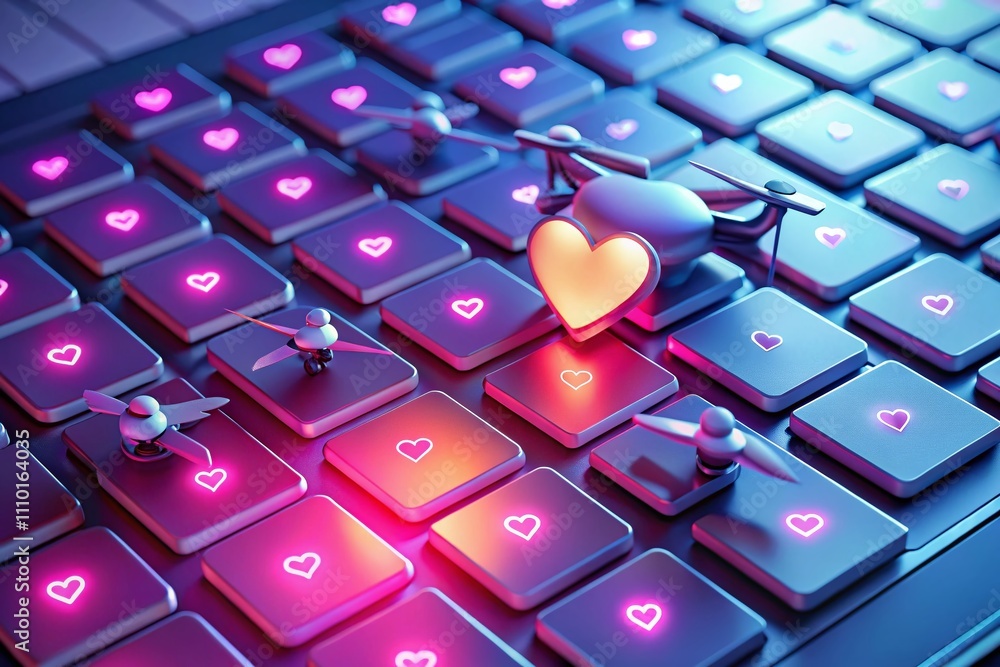 Poster aerial view of a computer keyboard with heart symbols for dating apps, representing virtual flirting