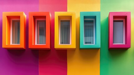 Vibrant colorful exterior of modern apartments showcasing green orange and pink window frames in a...