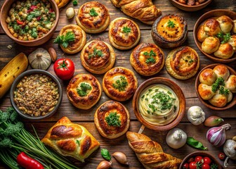 Aerial View of a Delicious Collection of Hearty Baked Dishes Including Stuffed Rolls, Pies, and Artisan Breads Showcasing Comfort Food at Its Finest