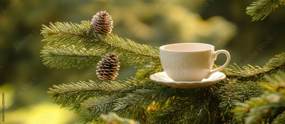 Aufkleber spruce branch with pinecones featuring a cup and saucer creating a serene nature-themed setting in s