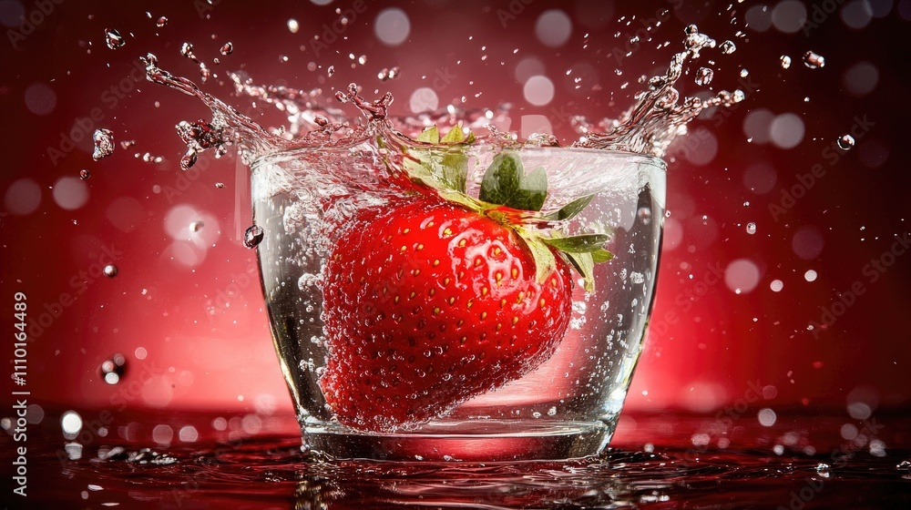 Poster strawberry splashing into glass of water with bokeh background creating a refreshing and dynamic vis