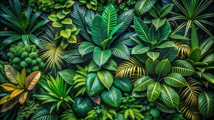 Obraz premium Aerial View of a Diverse Tropical Plant Background Showcasing Unique Leaf Shapes and Sizes, Perfect for Nature Lovers and Plant Enthusiasts Seeking Exotic Greenery Inspiration