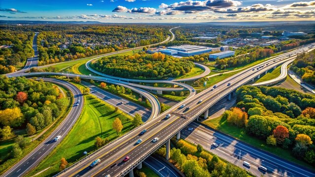Aerial View of a Diverging Diamond Interchange in Woodbury, NY Captured During the Afternoon Light, Showcasing Urban Infrastructure and Traffic Flow Dynamics