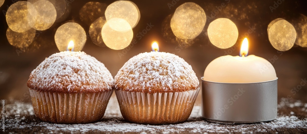 Poster three delectable muffins topped with powdered sugar and candles on a blurred background creating a c