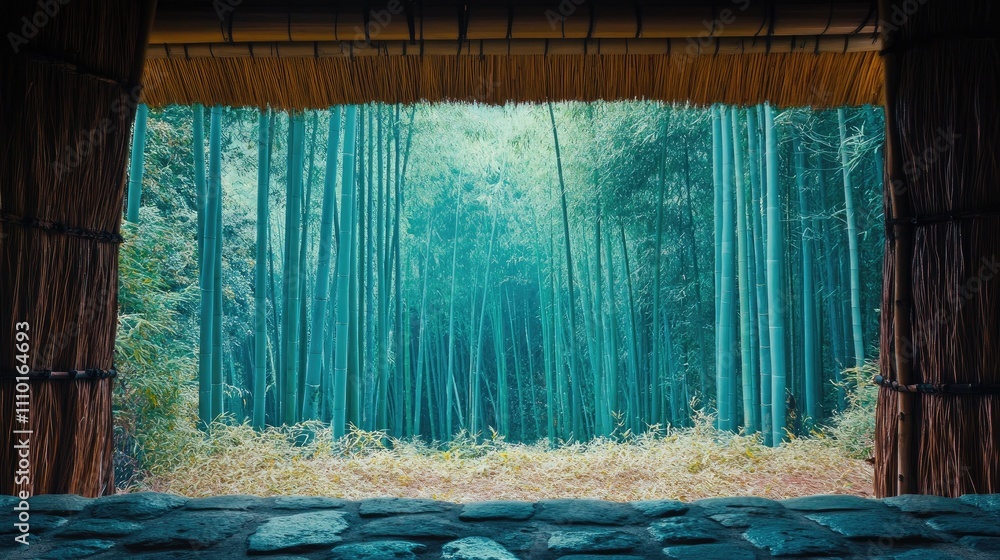 Poster tranquil view of a lush bamboo forest from a hut eave creating a serene and peaceful atmosphere in n