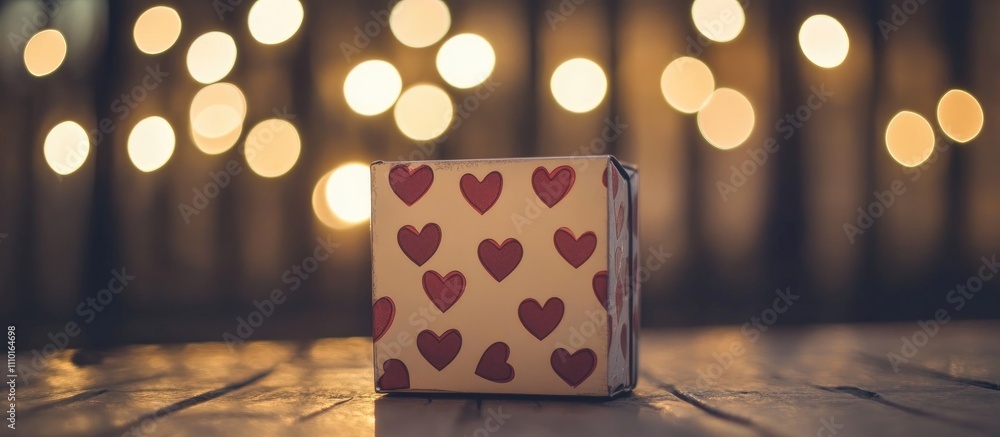 Poster valentine's day gift box with heart patterns illuminated by soft bokeh lights creating a romantic at