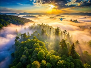 Aerial View of a Drone Navigating Through a Misty Forest Landscape, Capturing the Ethereal Beauty of Nature's Haze and Fog in a Serene Environment