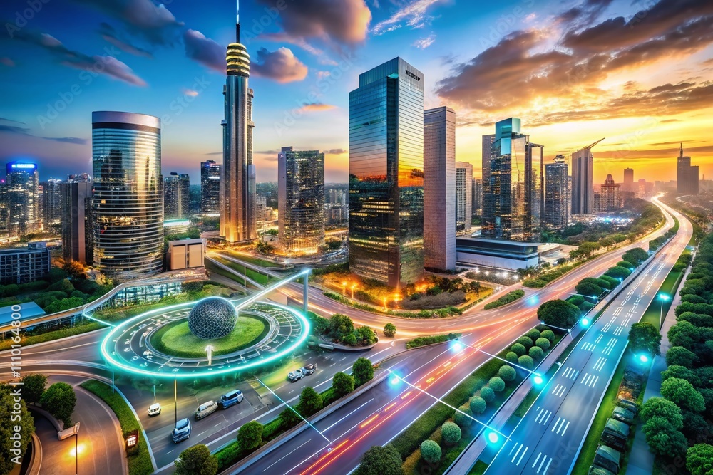 Aufkleber aerial view of a futuristic smart city integrating digital systems with 3d animation elements, showc