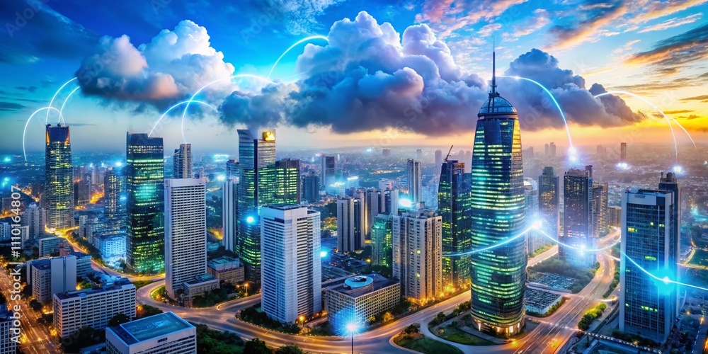 Poster aerial view of a futuristic cloud computing landscape illustrating digital network security and data