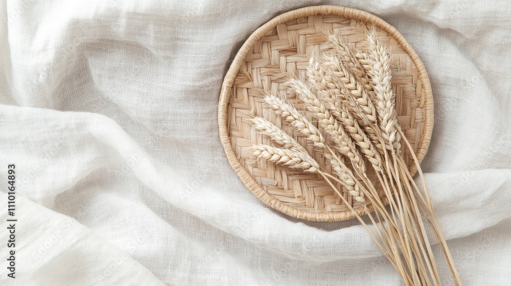 Aufkleber woven wicker coaster with soft wheat sprigs on smooth white fabric creating a rustic and serene home