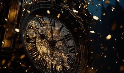 Obraz premium Close-up of a vintage style clock showing midnight of new year's eve, with sparkles and gold bands