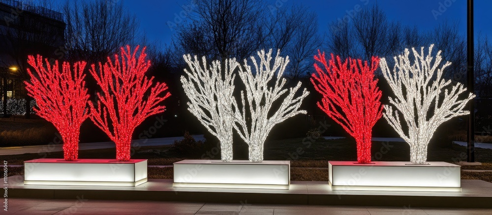 Poster festive illuminated trees in red and white creating a magical atmosphere during the evening holiday 