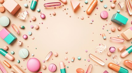 Colorful assortment of geometric shapes and capsules on a pastel background