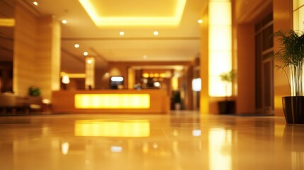 Elegant hotel lobby interior with warm vintage lighting and blurred background creating a tranquil atmosphere for relaxation and hospitality.