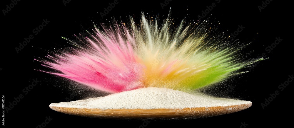 Poster colorful powder explosion creating vibrant abstract patterns on a black background, showcasing dynam