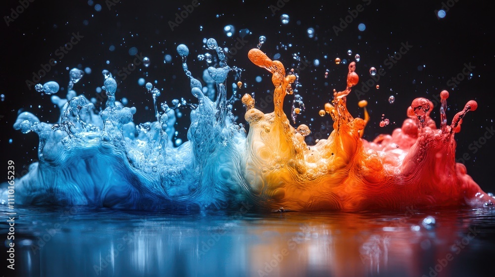 Poster vibrant color splash artistry creating dynamic waves against a dark backdrop showcasing fluid motion