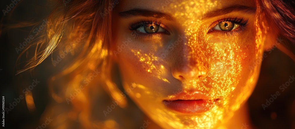 Aufkleber illuminated portrait of a girl with captivating eyes and abstract light patterns from a projector hi