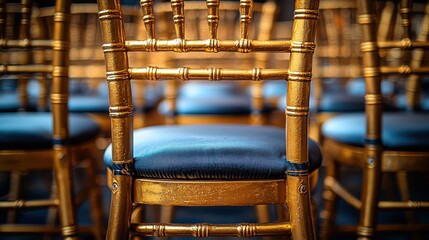 Elegant gold chiavari chairs with black cushions for luxurious event settings