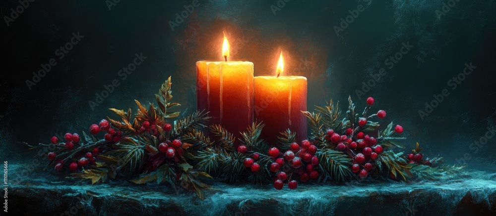 Poster advent wreath with two glowing candles surrounded by festive greenery and red berries on a dark text