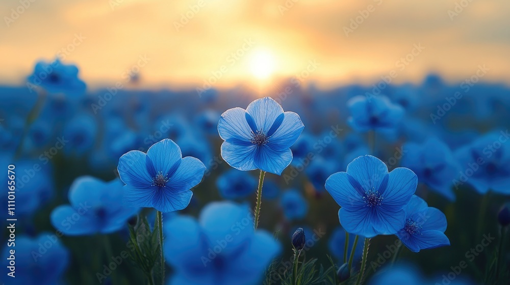 Poster summer field of blooming blue flax flowers at sunset with soft light creating a serene and tranquil 