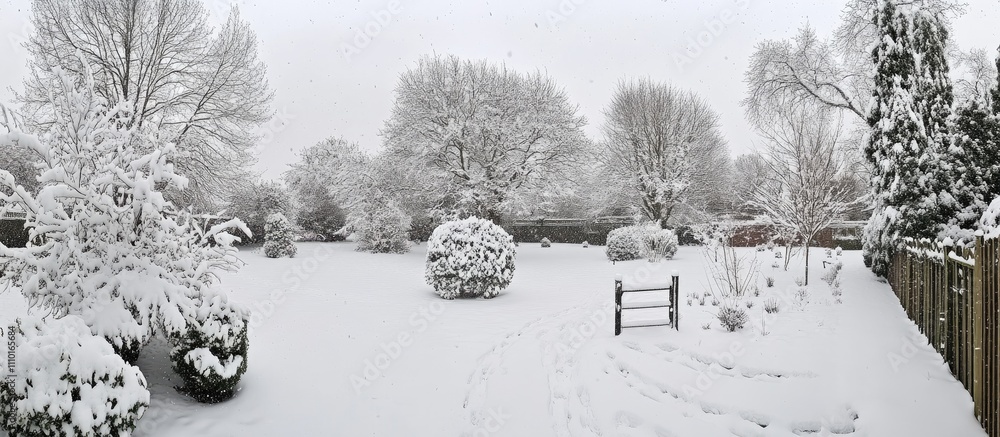 Poster winter wonderland landscape featuring trees and shrubs blanketed in fresh snow under a cloudy sky. p
