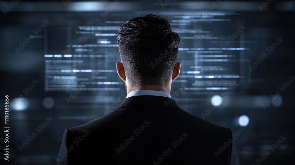 Poster young businessman analyzing data protection on a futuristic virtual screen in a modern business tech