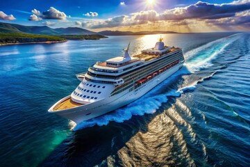 Aerial View of a Majestic Cruise Liner Sailing Through Vibrant Blue Waters with Scenic Coastline in the Background, Captured with Rule of Thirds for Stunning Visual Appeal