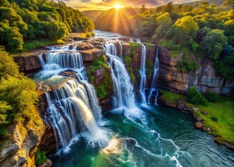 Aerial View of a Majestic Waterfall Splitting into Multiple Streams as It Cascades Over a Cliff Edge Surrounded by Lush Greenery in a Stunning Natural Landscape