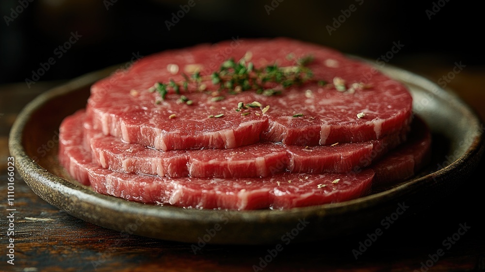 Poster freshly sliced beef on a rustic wooden plate garnished with herbs displayed on a dark wooden table