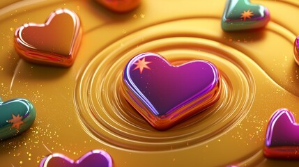 Vibrant heart-shaped candies on golden swirled background with sparkles