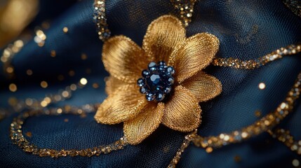 Naklejka premium Intricate gold embroidered flower on luxurious dark fabric with sparkling details